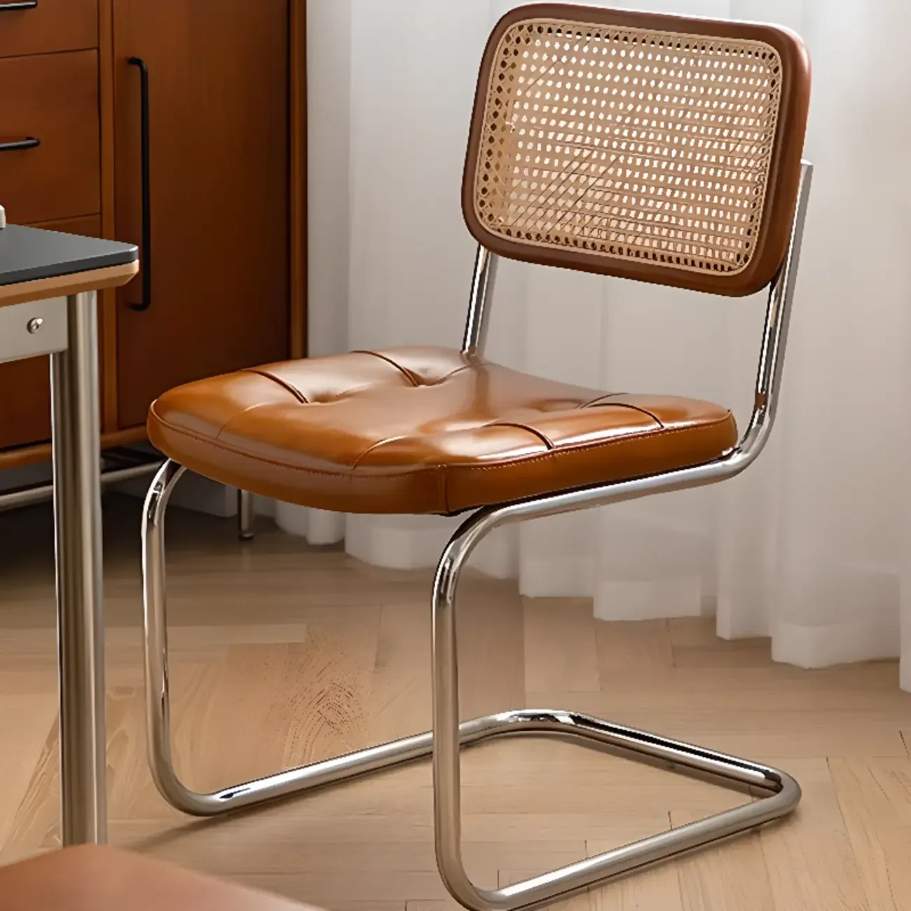 Modern Brown Cantilever Faux Leather Dining Chair Woven Back