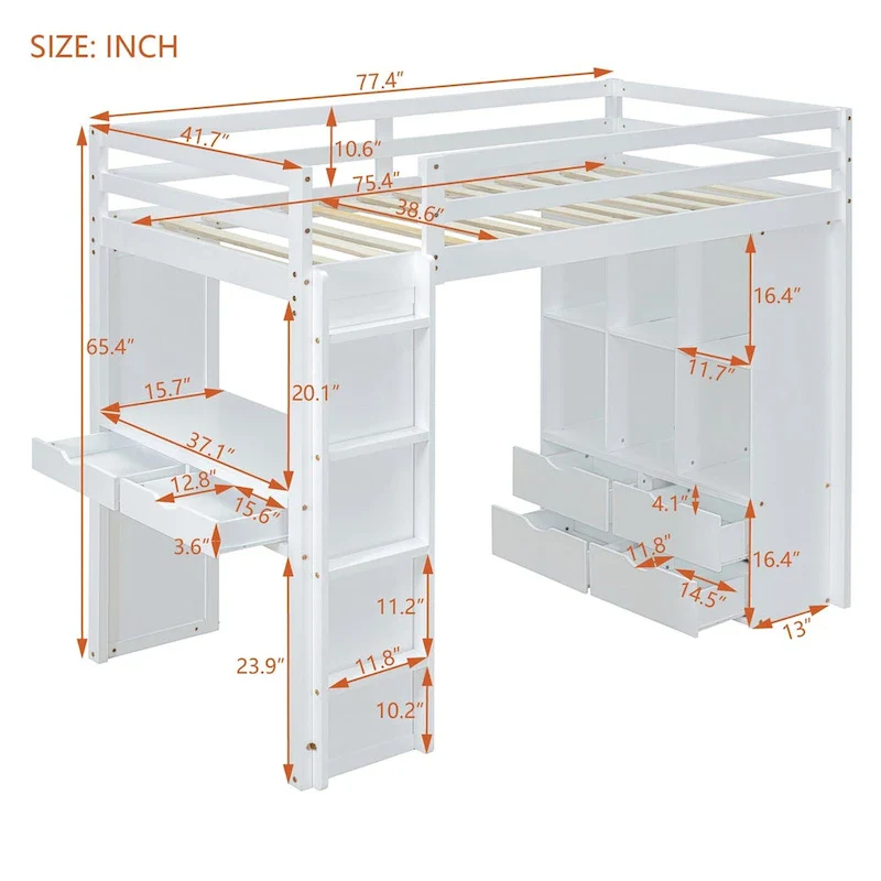White / Grey Pine Wood Loft Bed with Writing Desk, 6 Drawers, Large Shelf and LED Light – Twin / Full – 1-Person