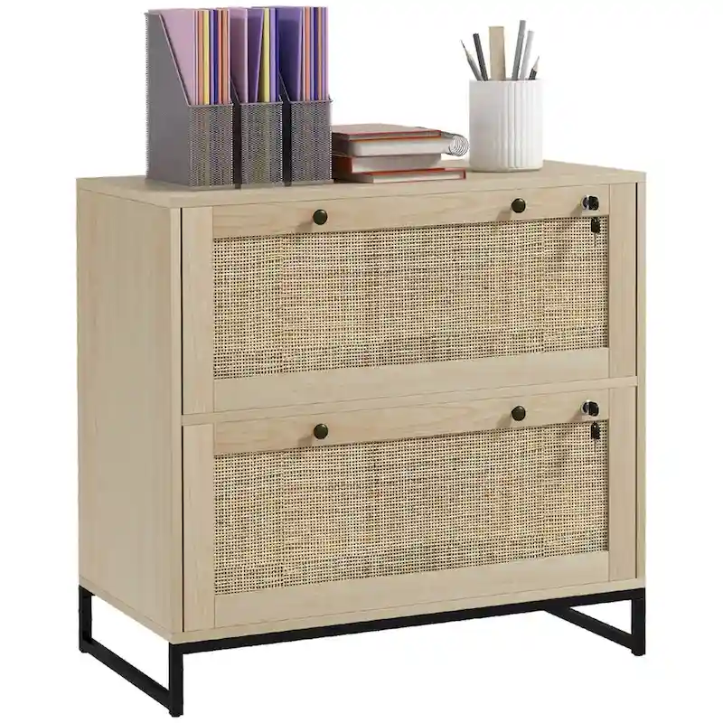 2 Drawer File Cabinet with Lock with Keys, Rattan Drawers and Adjustable Hanging Bar for Letter, A4 and Legal Size Paper Natural