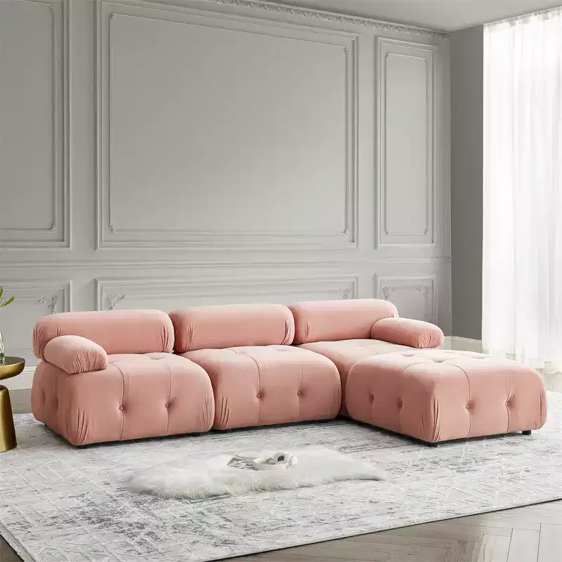 Modular Cloud Couch, Modern L-Shaped Sectional Sofa with Reversible Ottoman, Button-Tufted Velvet, Flexible Combination for Living Room