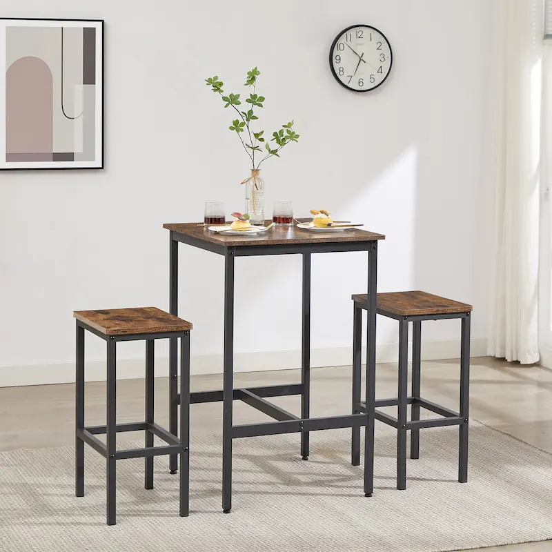 Brown / Grey Square Bar Table & 2 Stools Set, Industrial Style, Seats 2