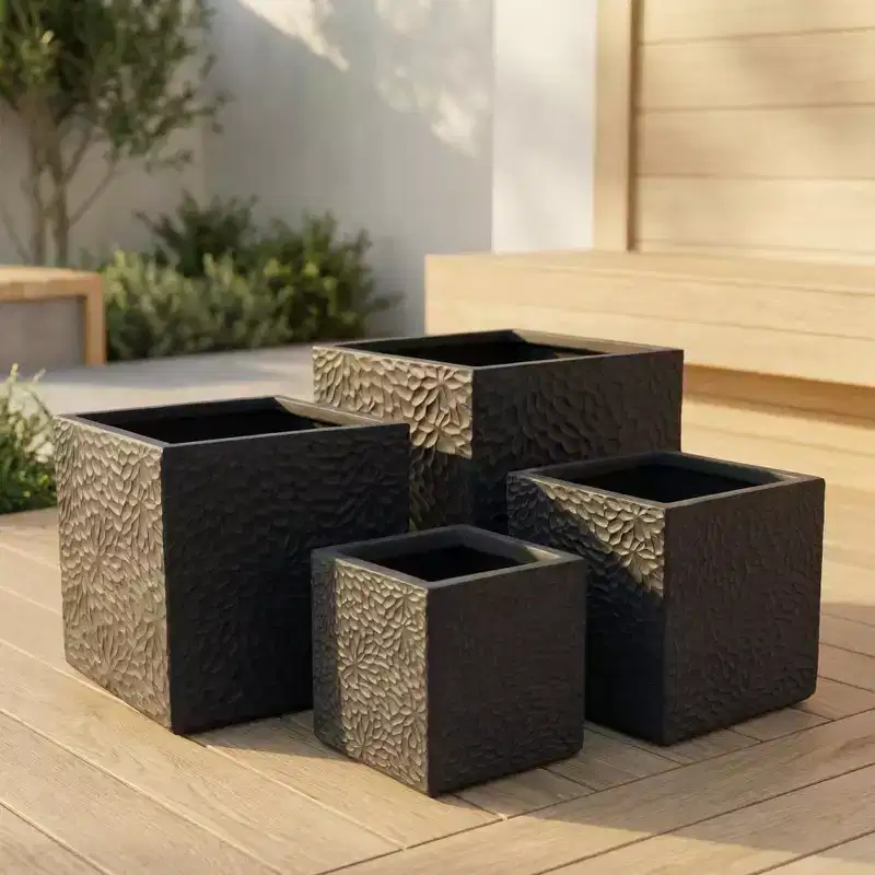 4-Piece Square Magnesium Oxide Planter Set with Drainage Holes, Modern Grey Indoor/Outdoor Plant Pots, Large Decorative Planters for Patio & Garden