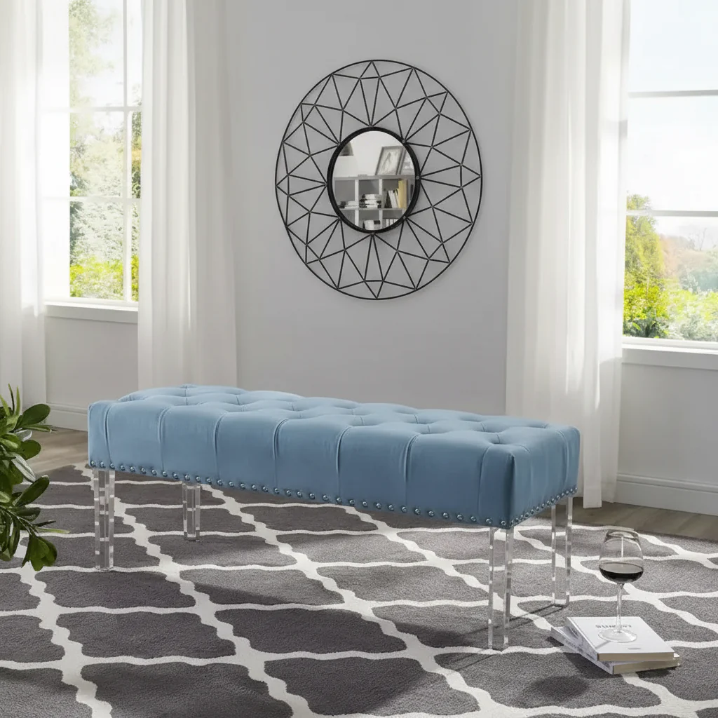Button Tufted Velvet Upholstered Bench with Acrylic Leg