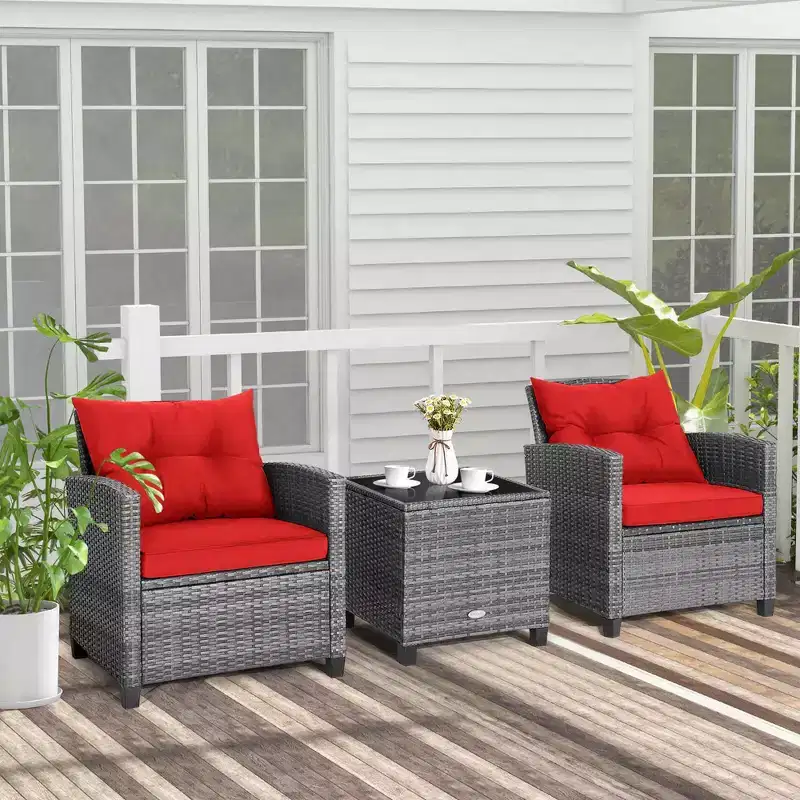 Costway 3PCS Patio Rattan Furniture Bistro Set Cushioned Sofas Side Table Armrest Red/Grey/Navy/Turquoise/Black