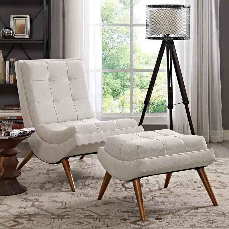 Modway 2pc Ramp Upholstered Fabric Lounge Chair Set Sand: Polyester, Wood Frame, Spot Clean, Includes Ottoman