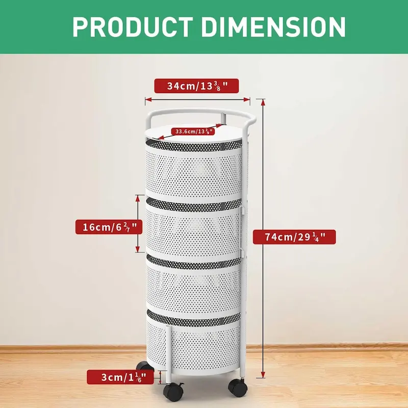 Multi-Tier Rotating Storage Basket with Wheels for Vegetables Fruits Groceries in Kitchen Household Organizer