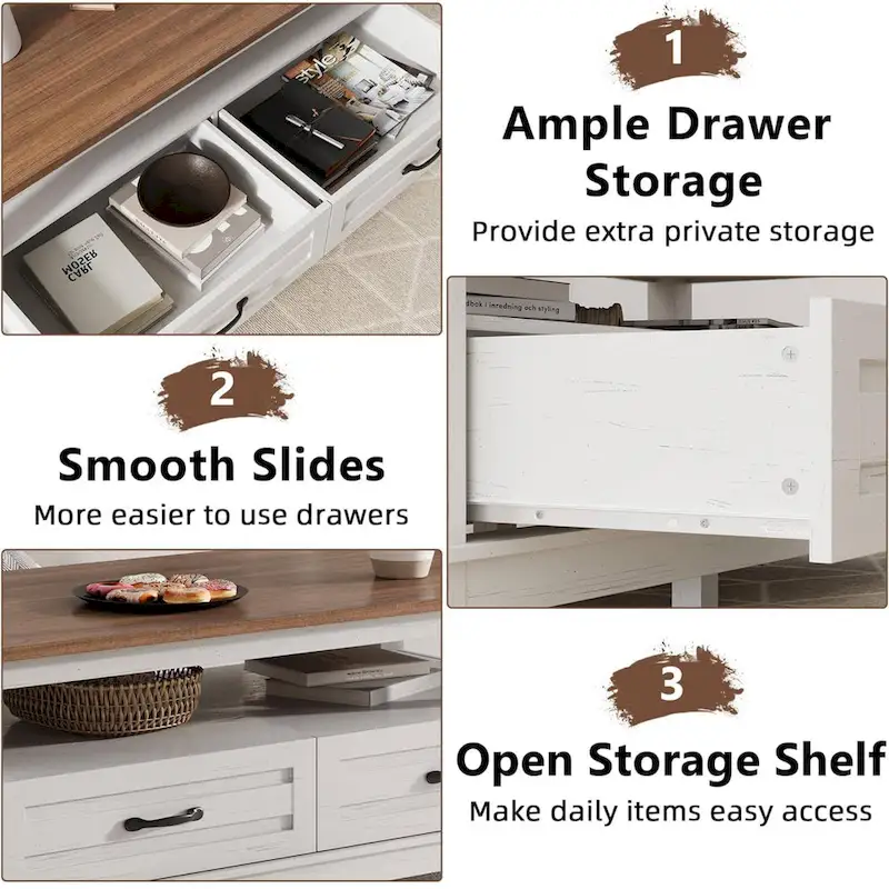 Farmhouse Coffee Table with Drawers and Open Shelf - N/A