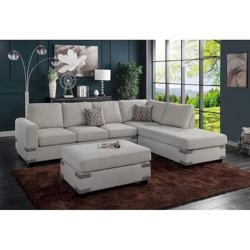 3 Piece Fabric Sectional Sofa with Ottoman