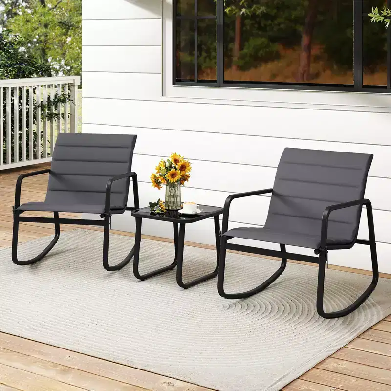 Gymax 3PCS Outdoor Rocking Bistro Set w/Tempered Glass Table Soft Cushions for Garden