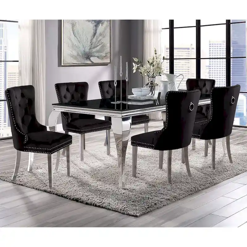 79-inch chrome-legged glass tabletop dining table