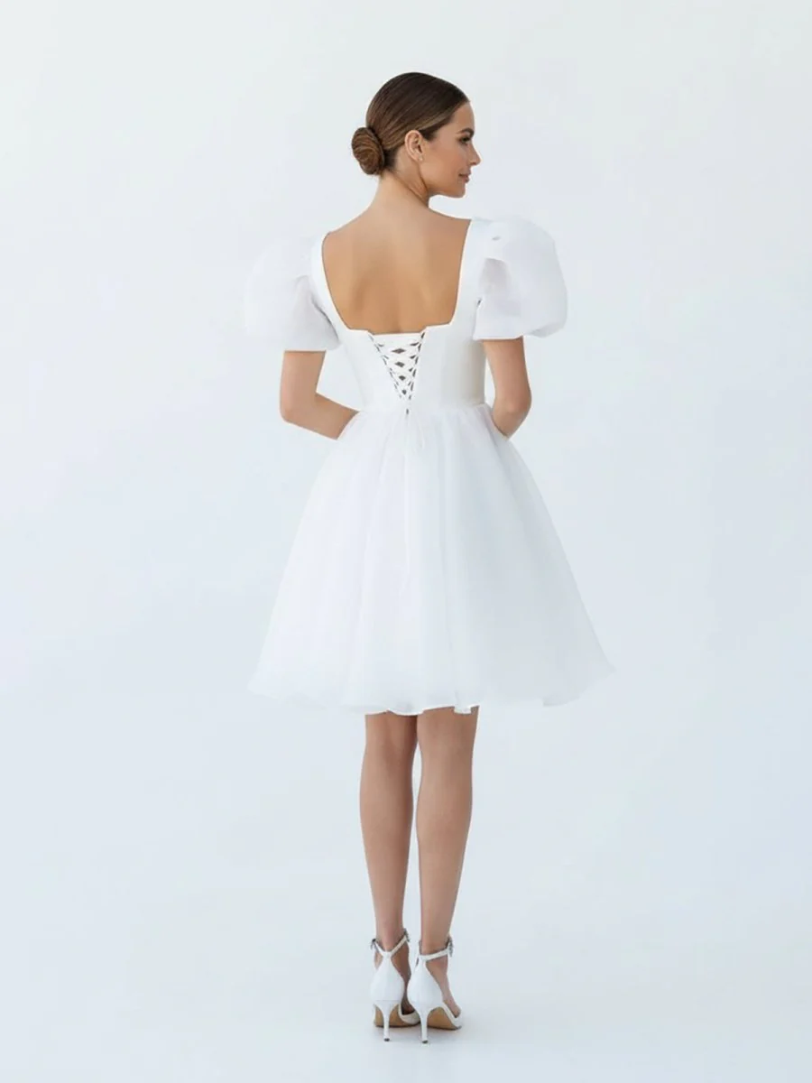 A-Line Square-Neck Short Wedding Dress With Puffy Pearls Sleeves