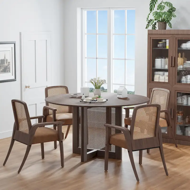 Black / Wood Round Solid Wood Dining Table, Rattan Legs, Seats 6
