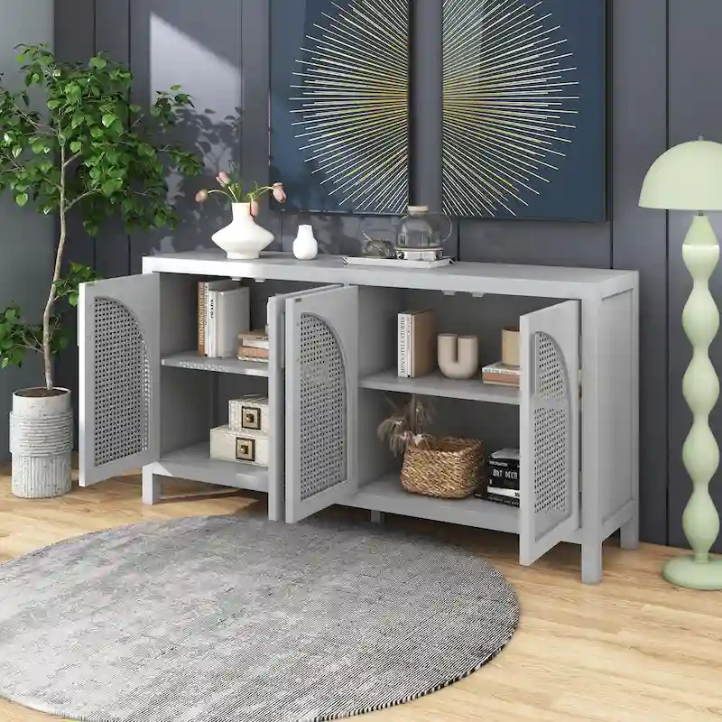 Sideboard with Artificial Rattan Door and Metal Handles for Living Room and Entryway