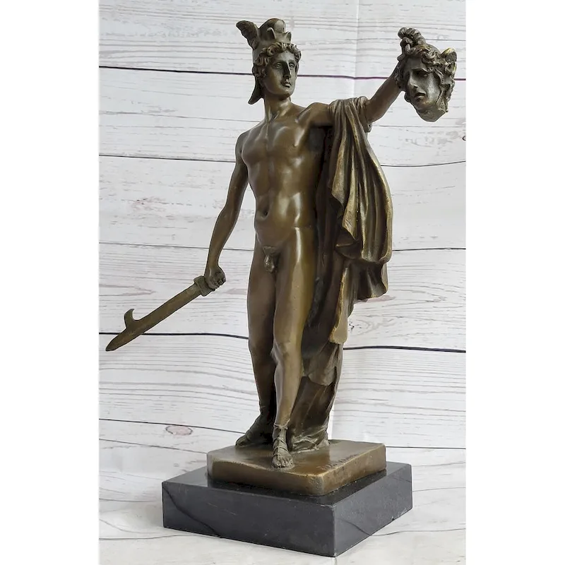 Greek Hero Perseus Holding The Head Of Medusa Bronze Sculpture Statue On Marble Base 15 Inches X 12 Inches