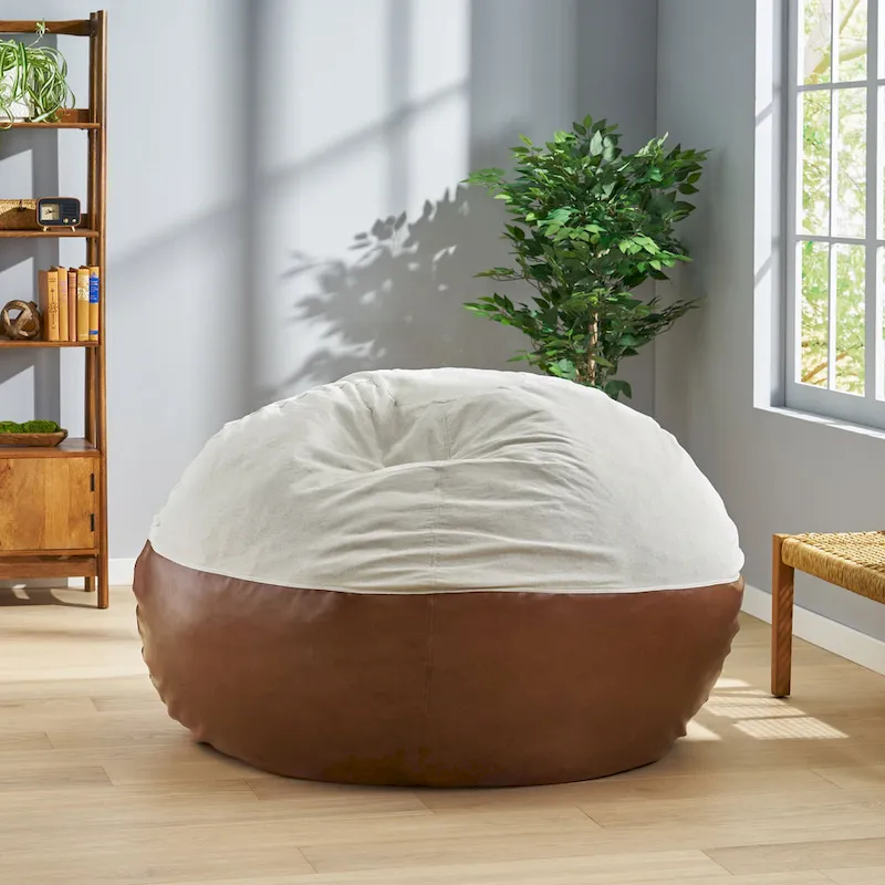 Two-Tone Bean Bag Chair, Fabric & Faux Leather, 1-Person (Beige / Light Gray / Black & Coffee Brown)