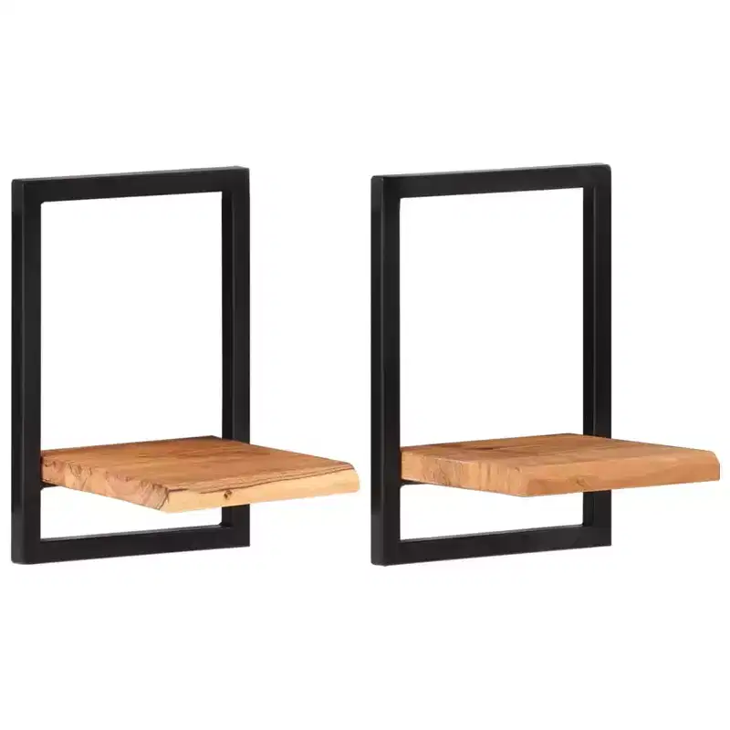 Wall Shelf Set of 2 Natural wood and black Solid Acacia wood, Steel