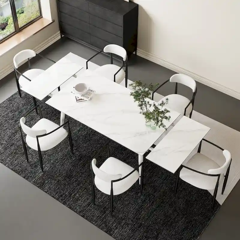 7 - Piece Extendable Sintered Stone Dining Table Dining Set With 6 Fabric Chairs