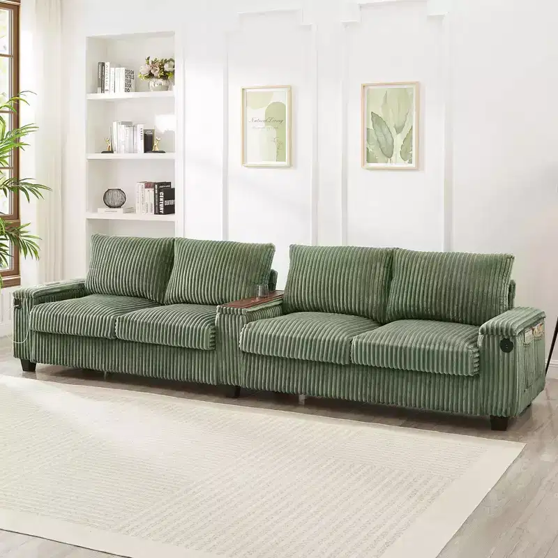 MAYEERTY 4 Seater Corduroy Sofa Couch 133 Modern Sofa with Ports Hidden Storage Arms Flip Top Cup Holders for Living Room Green