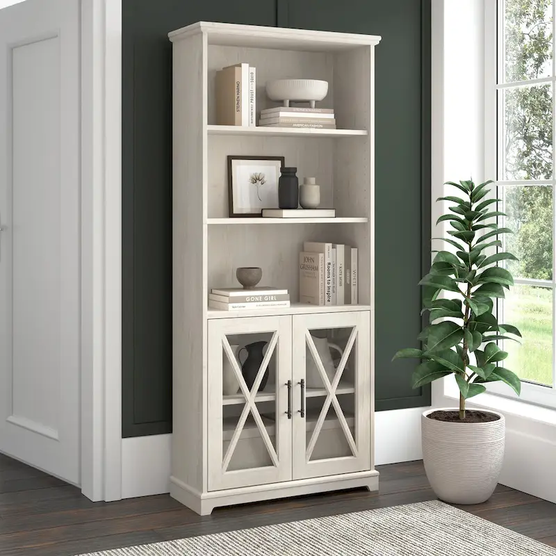 Lennox Farmhouse 5 Shelf Bookcase with Glass Doors by Bush Furniture