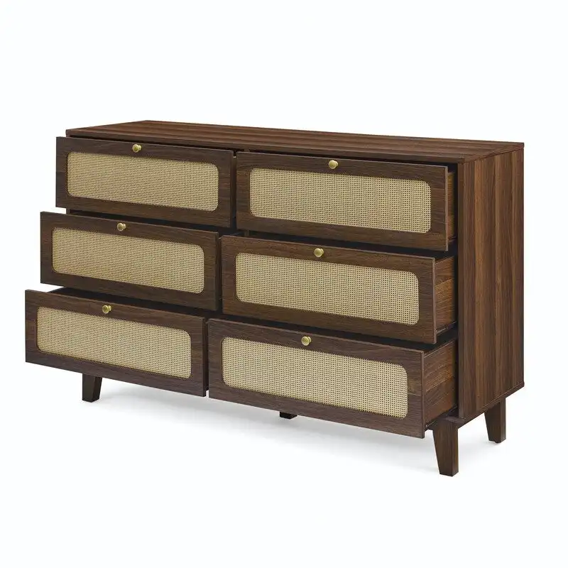 Grondin Mid-Century Modern Boho Style 6 Rattan Drawers Double Dresser with MDF Frame and Solid Wood Legs,