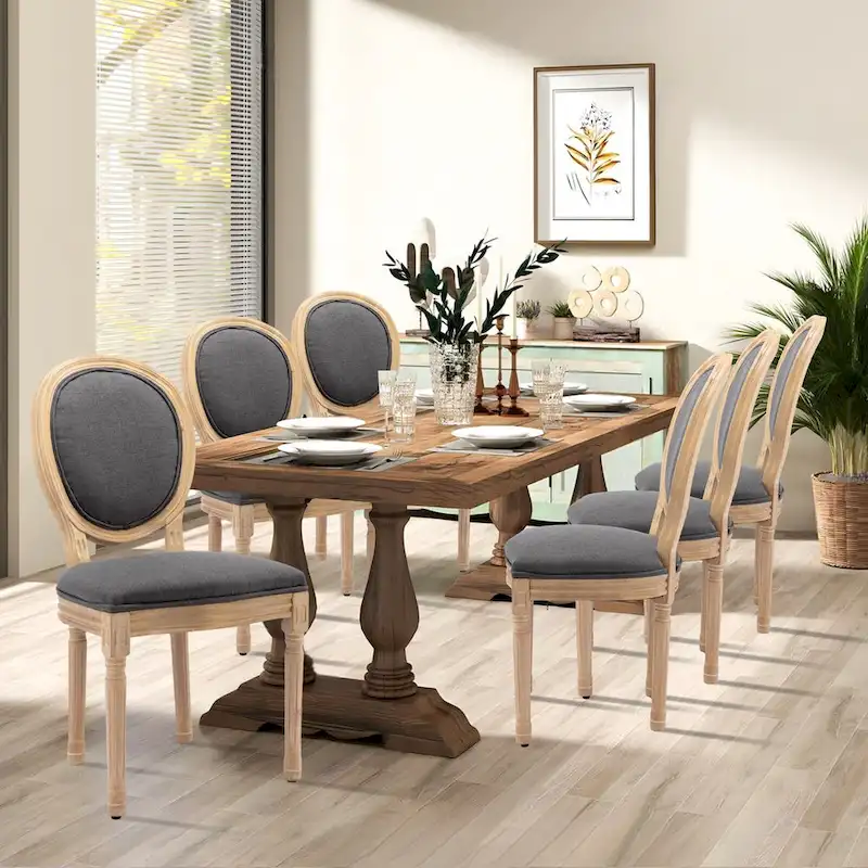 Farmhouse French Dining Room Antique Painting Chairs with PU Set of 6