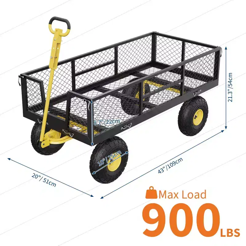 900LBS Heavy Duty Garden Cart - 10 Pneumatic Tires Utility Wagon with Removable Sides (1-Piece)