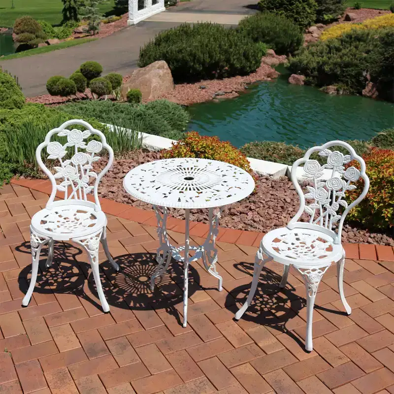 Sunnydaze Flower Design Cast Aluminum Bistro Set with Cast Iron Legs, White, 3pc