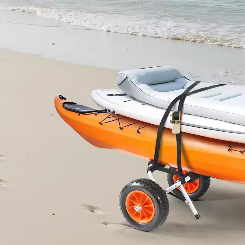 VEVOR Kayak Cart, 200 lbs Load Capacity, Foldable Kayak Trolley with 10-inch Solid Rubber Tires & 1 Ratchet Strap, Paddle Board Trolley,Black+Orange