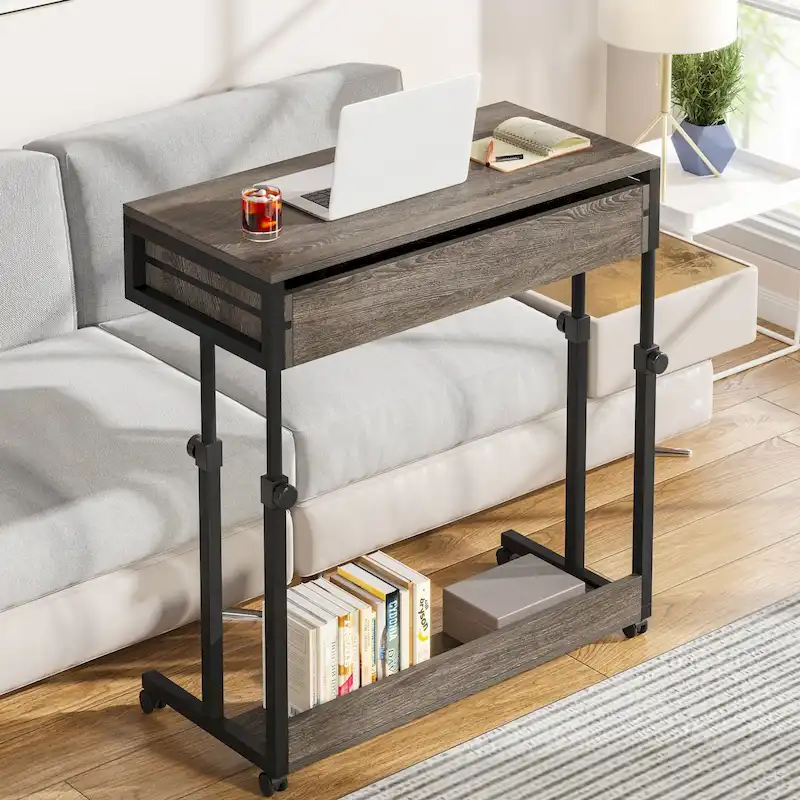 Height-Adjustable Side Table with Drawers and Wheels