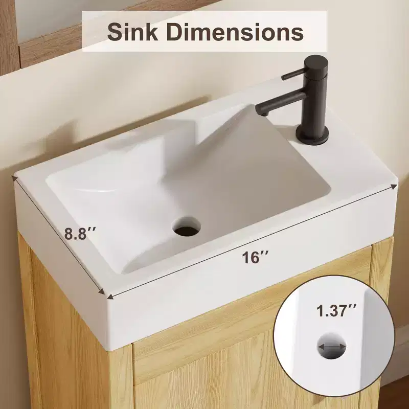 Space-Saving Modern Bathroom Vanity with basin - 16 Inch Freestanding Wooden Cabinet, Metal Handle, Farmhouse Style, Easy Assembly