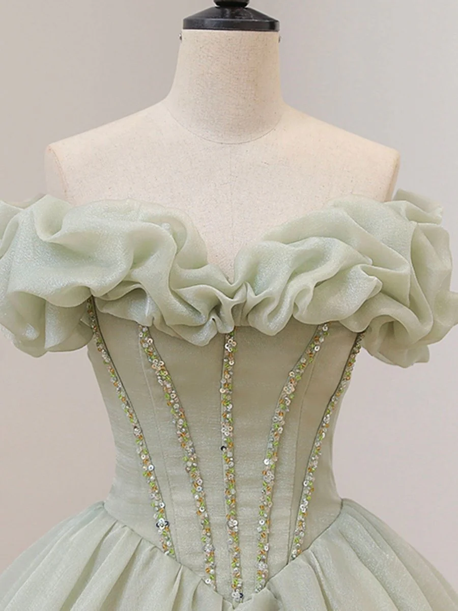 Quinceanera Dress Green Long Prom Tulle Dresses with Beading
