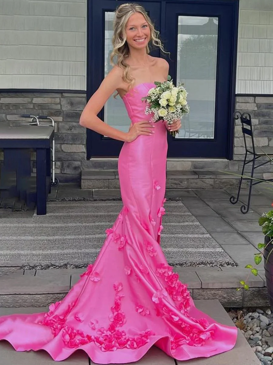 Pink Strapless Mermaid Sleeveless Appliques Long Prom Dress