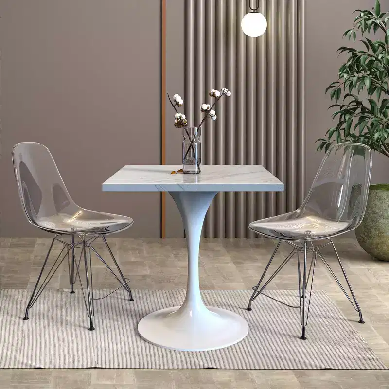 LeisureMod Verve 27 Square Dining Table - Modern Resin Top with White Steel Pedestal Base Accent Side Table for Contemporary Kitchen and Home