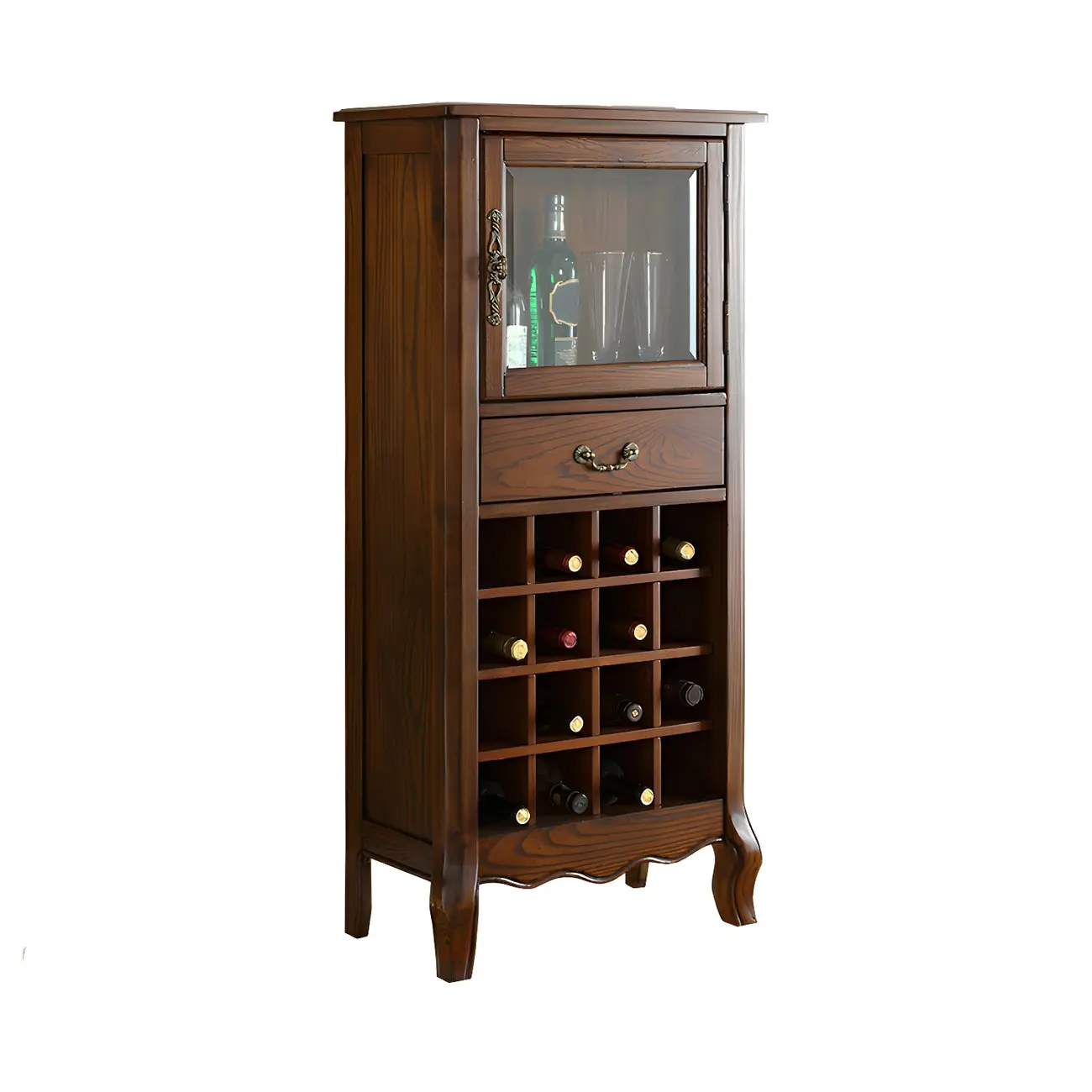 Mid-Century Modern Brown Wood Wine Cabinet with Glass Door