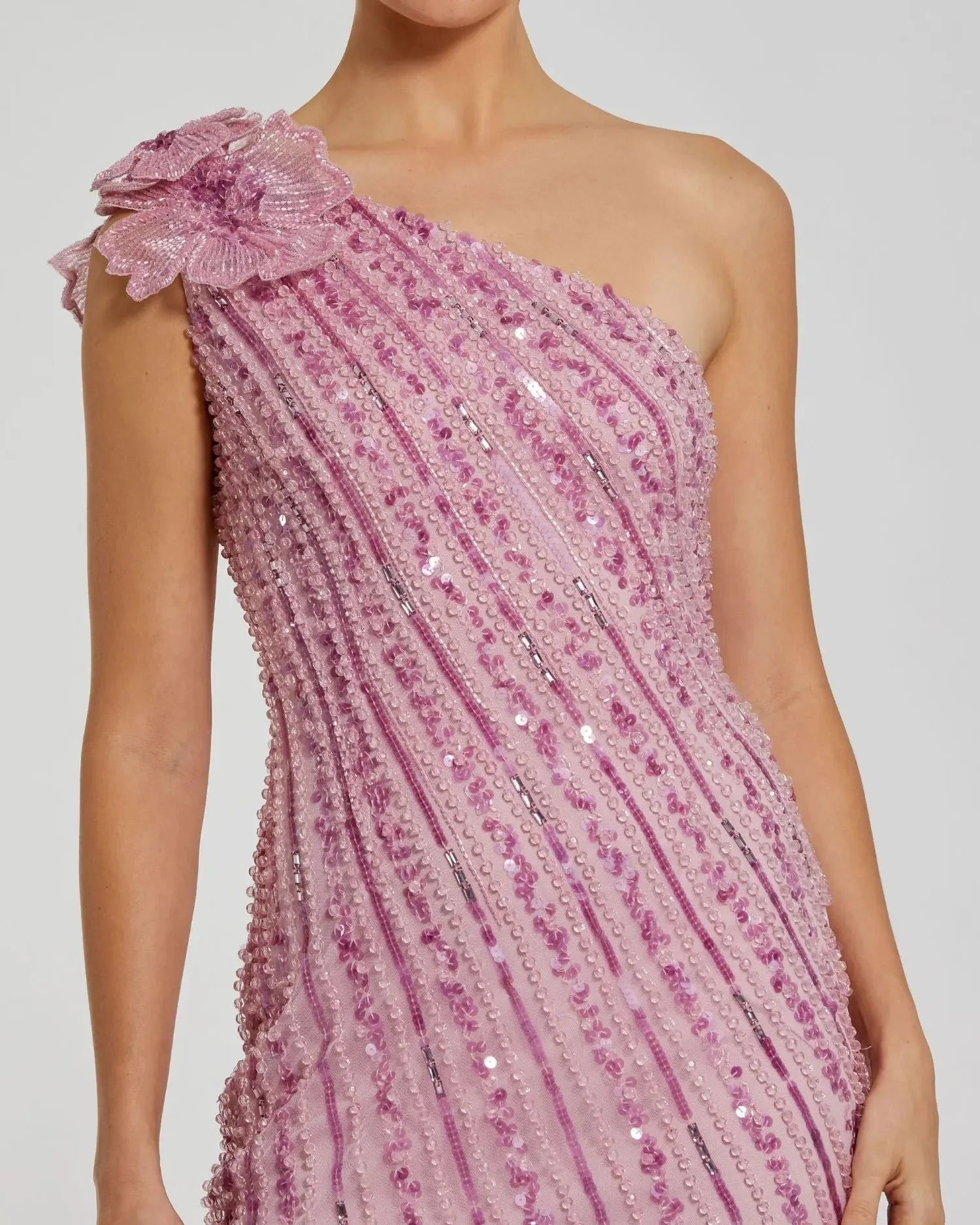 Pink One Shoulder Beaded Mesh Dress With Flower