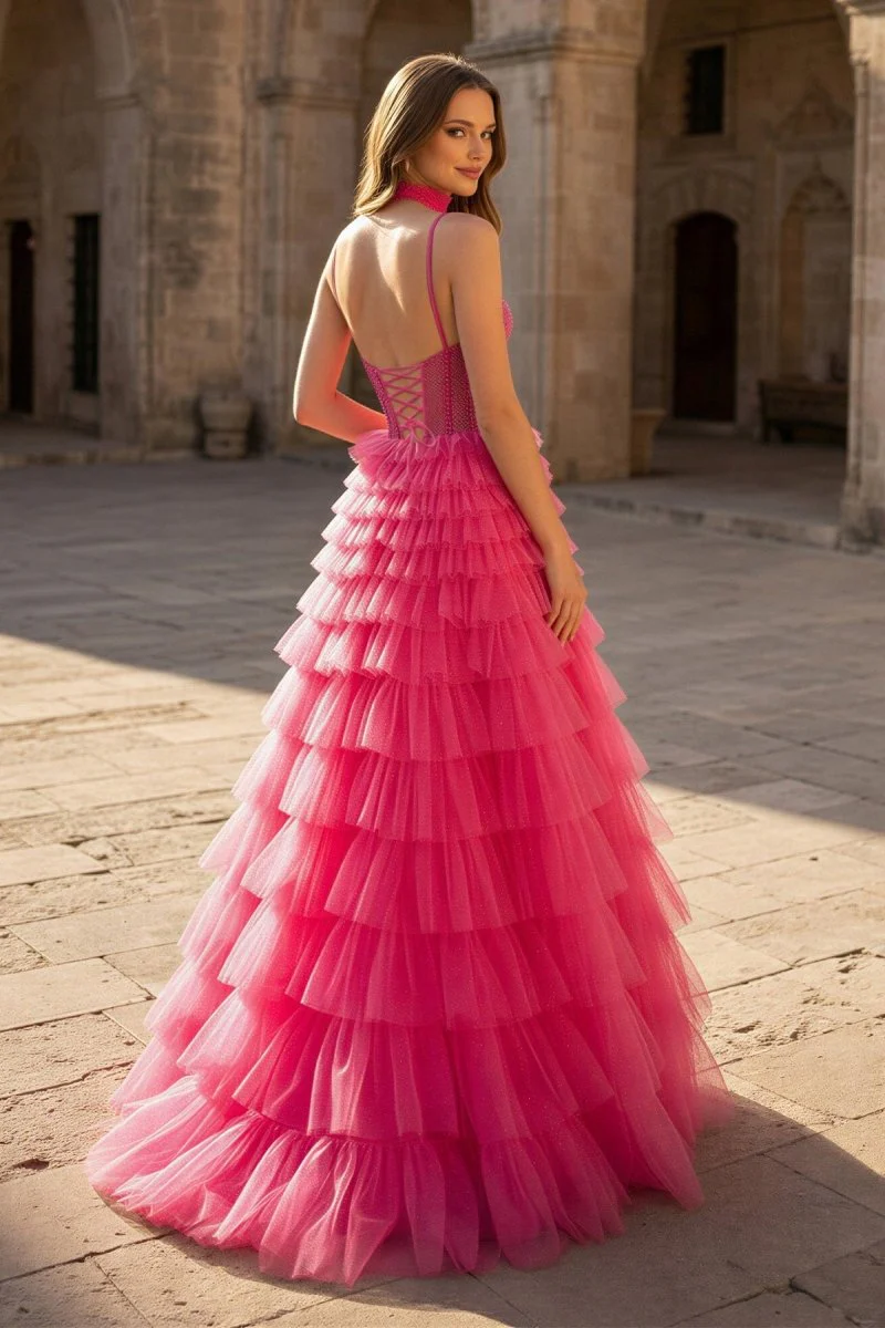 Tulle A-Line Spaghetti Strap Beaded Long Tiered Prom Dress