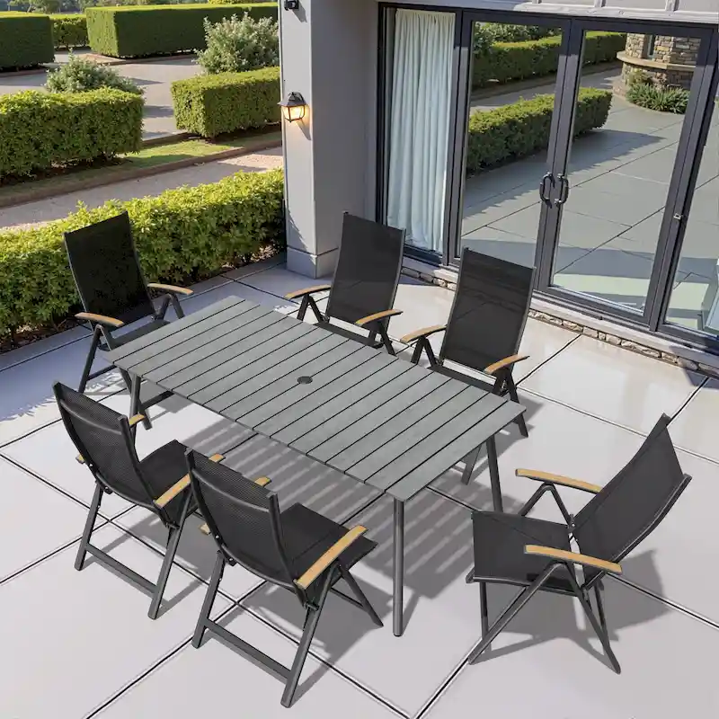 7/9-Piece Outdoor Rectangle Aluminum Dining Table with Umbrella Hole include Folding Chairs