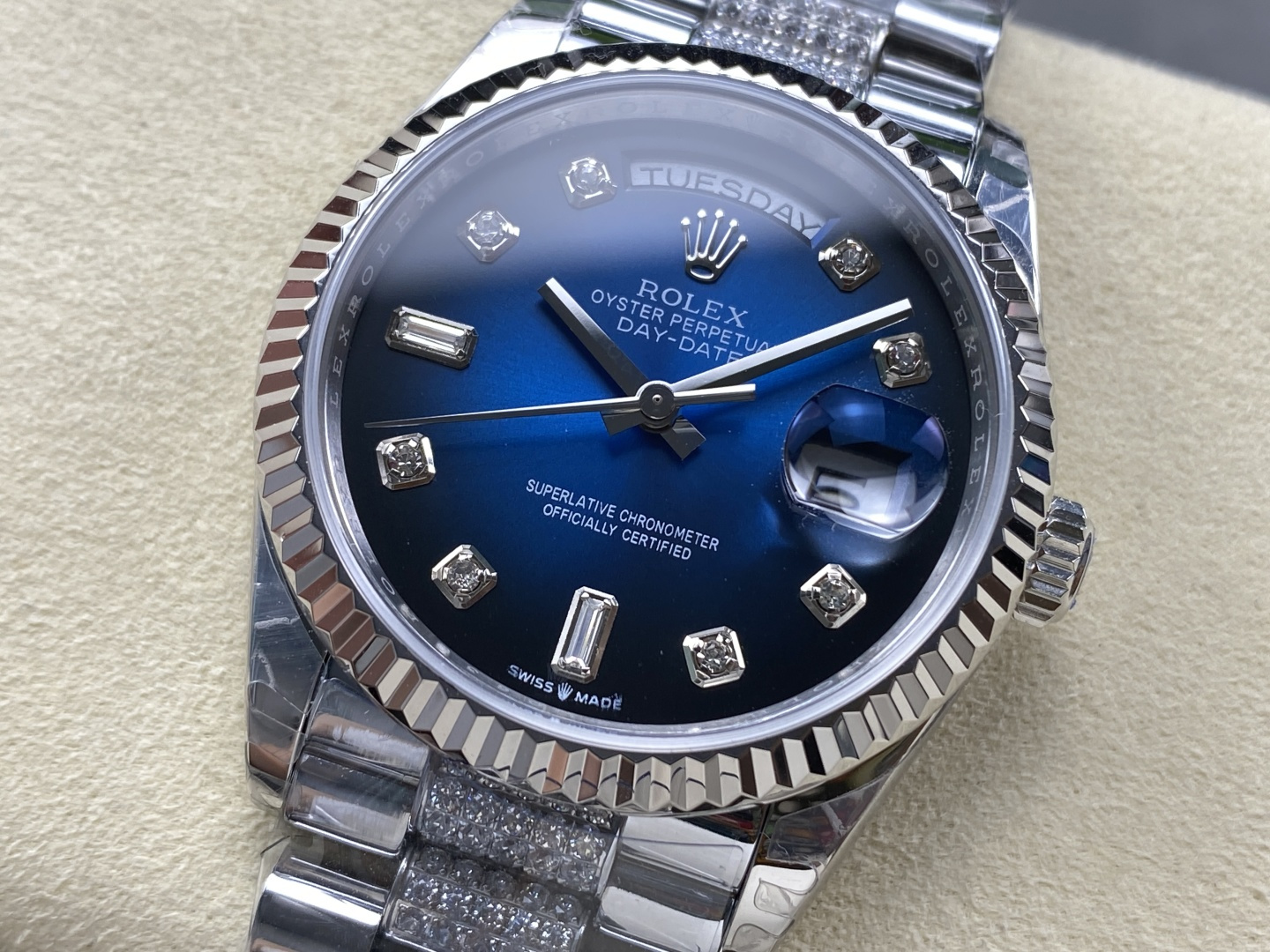 Clean Factory 3255 Day-Date 40 blue dial with diamond markers and diamond-set bracelet close up