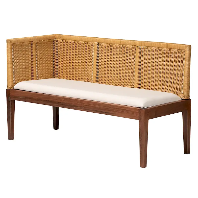 Tabanan Modern Bohemian Nautral Brown Rattan and Brown Acacia Wood 2-Piece Dining Nook Banquette Set