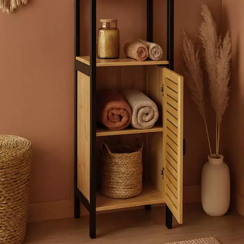Evideco French Home Goods Cebu Elegant 13.4W x 11.13D x 68H Bamboo Linen Storage Tower - Contemporary Black Bathroom Tall Organizer