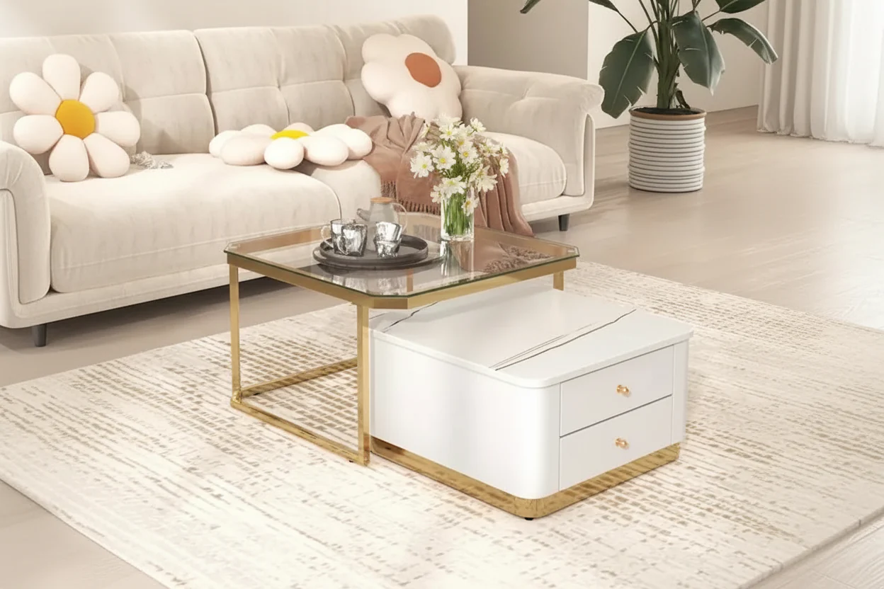 2-Piece Nesting Coffee Table Set with Drawers and Gold-Tone Legs