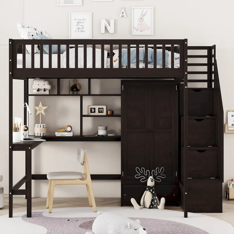 Black / Grey / White Plywood & Pine Full Size Loft Bed with Bookshelf, Drawers, Desk & Wardrobe – Single