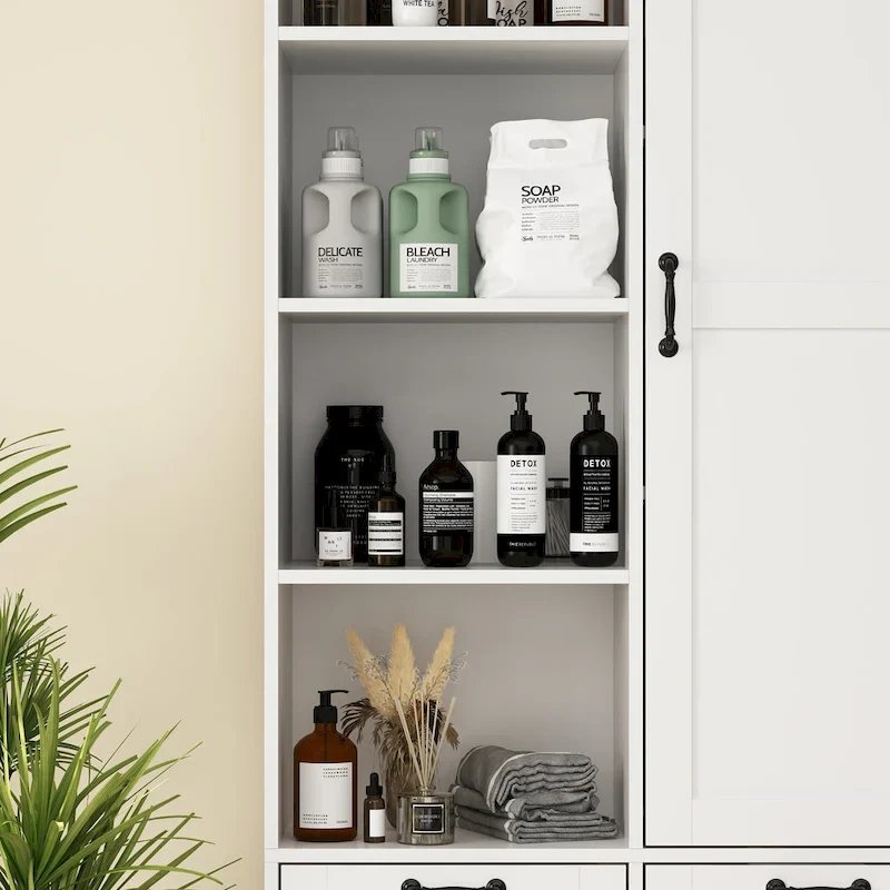Sleek White Laundry Bathroom Cabinet with Unique Rotating Drawers