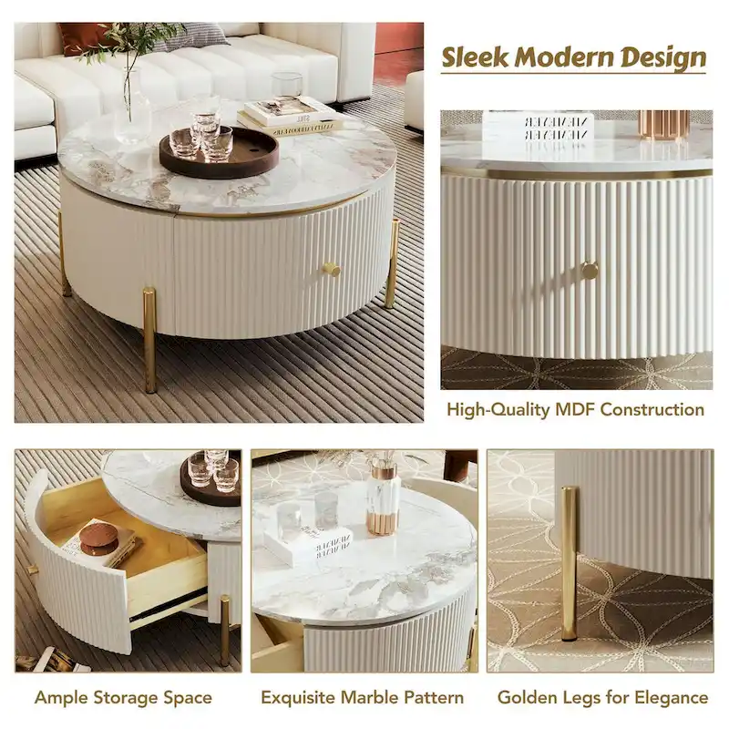 Modern Round Coffee Table with Drawers