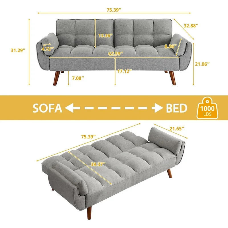 75.39 IN. Futon Sofa Bed, Convertible Upholstered Couch Sleeper with Reclining Sleeper Split Tufted Back