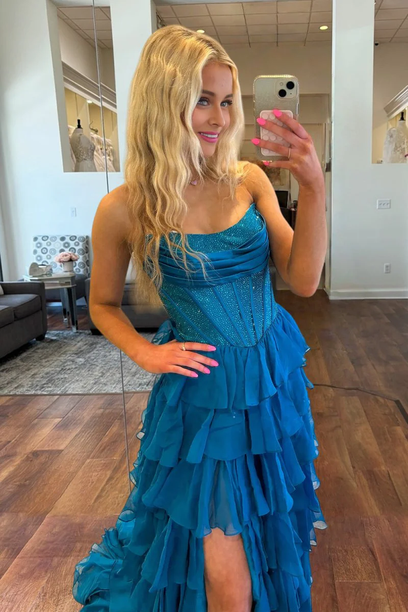 Peacock - A Line Strapless Chiffon Beaded Corset Long Prom Dress With Slit