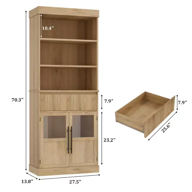 CuisinSmart Farmhouse Glass Door Display Cabinet with a Drawer, Freestanding Kitchen Pantry Cabinet with 3-Tier Open Shelves, Wood Bookshelf