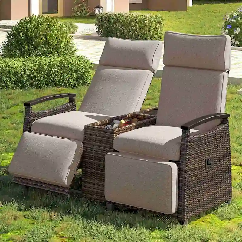 Wicker Patio Recliner Chair Set with Cushions and Storage Table