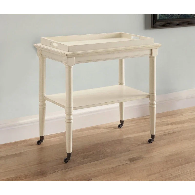 HomeRoots 30 Antiqued White Wood Rolling Bar Cart - 30 W x 18 D x 32 H