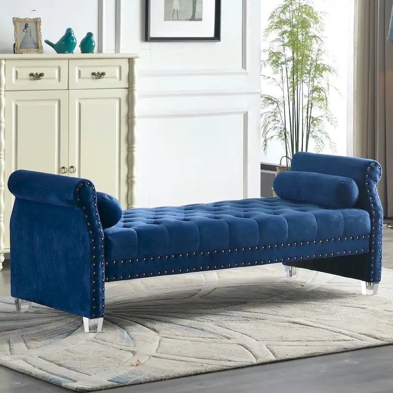 Blue / Velvet Rolled Arm Tufted Bench with Acrylic Legs, Seats 2–3, 71